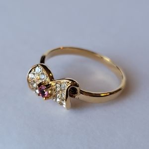 Vintage Bow Ring DAC Clear Diamond Like Stone Pave Center Pink Stone Gold 10.5